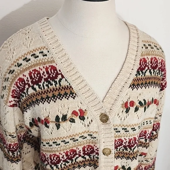 American Vintage Cardigan Cotton Blend Grannycore Floral by BUGC Cream Size L - Picture 7 of 14